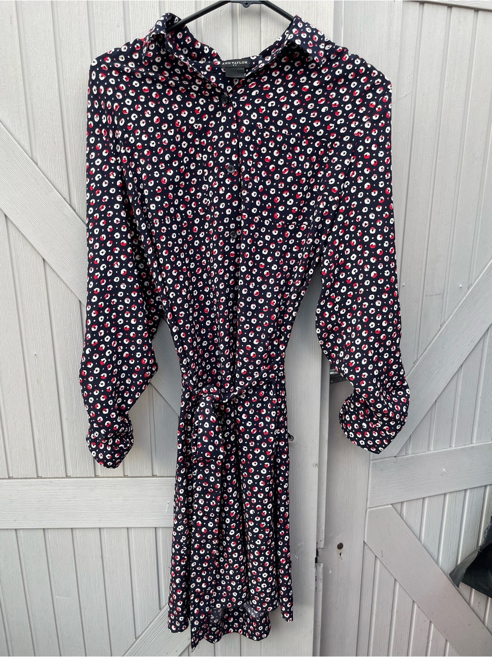 Ann Taylor Navy Button-Front Long Sleeve Dress with Pink & White Dot Print Small